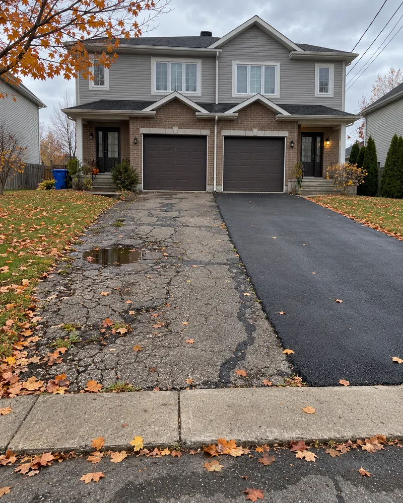 Semi-detached house: cracked driveway on the left, new driveway on the right